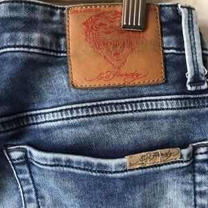 Ed Hardy Skuller blue jeans super slim stretch denim medium distressed Men 30